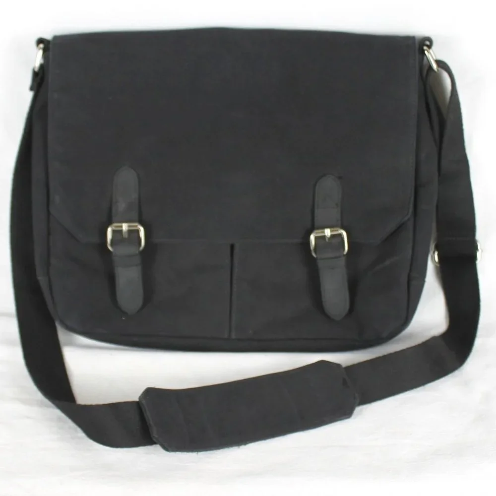 Frank And Oak Black Mens Messenger Canvas Bag Zippered Pockets Heavy Duty Straps